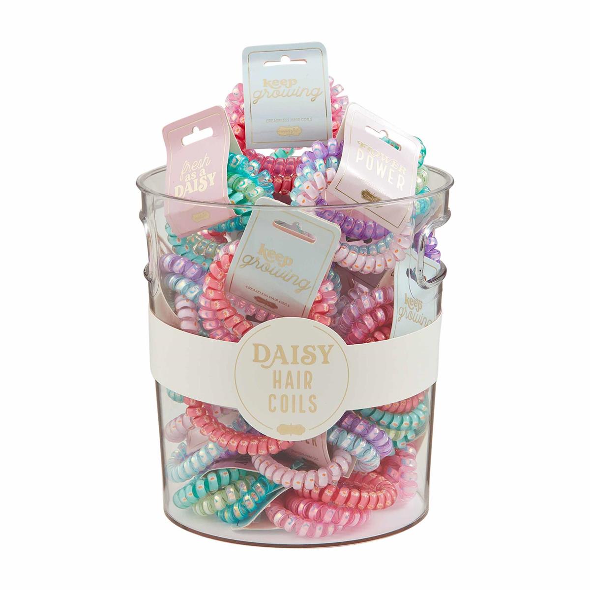 Acrylic hair coil accessory in daisy flower shape with a one-quarter inch diameter.