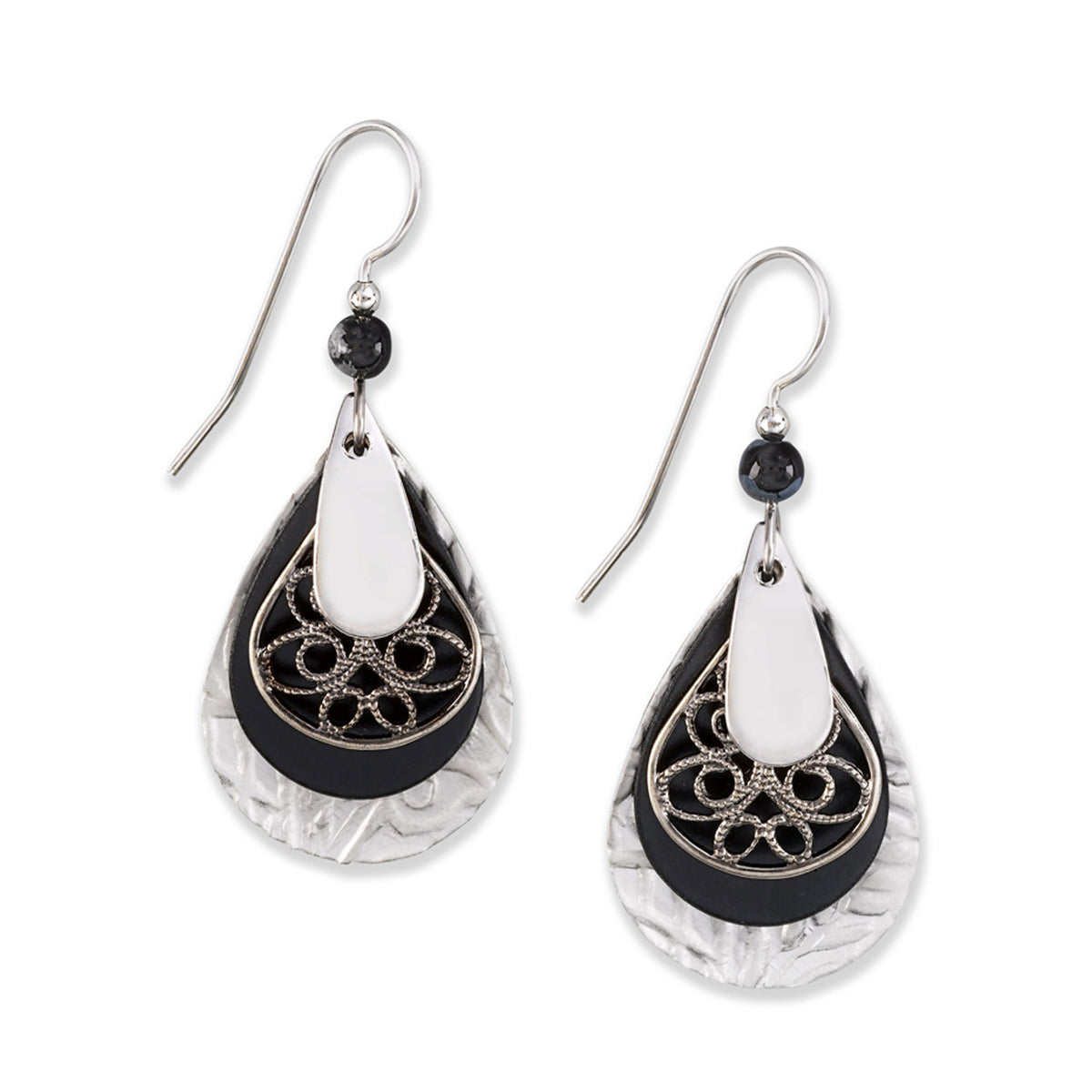 Layered surgical steel teardrop filigree earrings with semi-precious stones and glass beads in silver tone