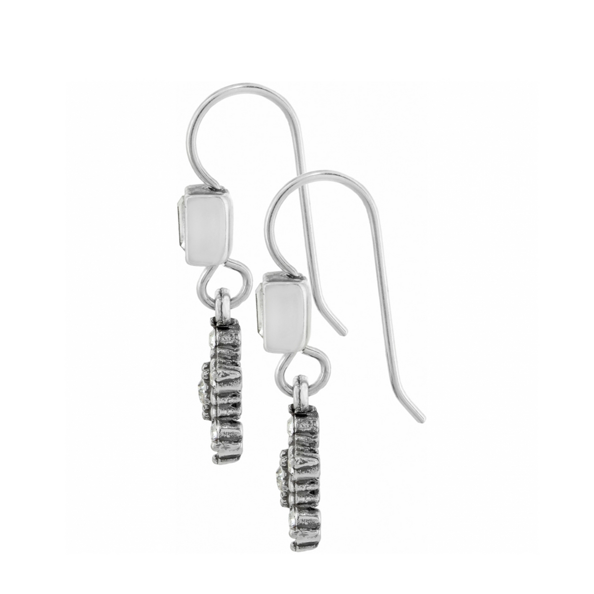 Arctica silver plated French wire earrings with crystal accents and textured drop charms.