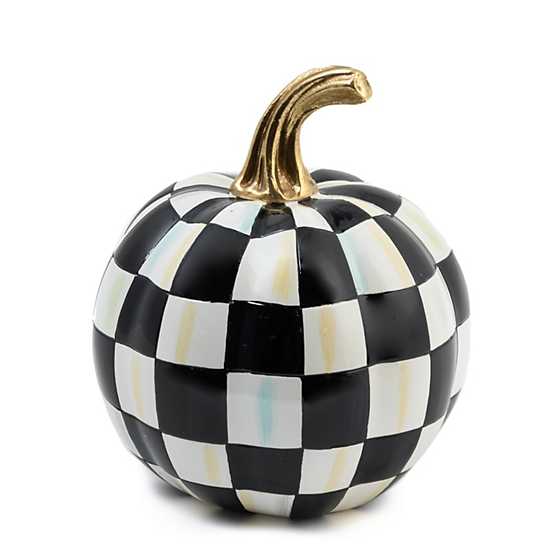 Mini glossy pumpkin with a black and white checkered pattern and a gold-colored stem.