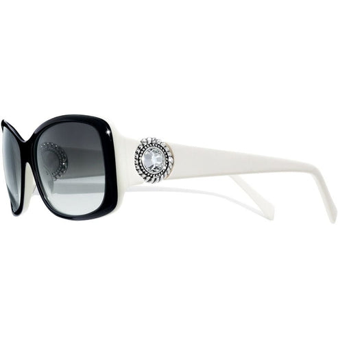 Square black sunglasses with white accents featuring fine quality crystal detailing.