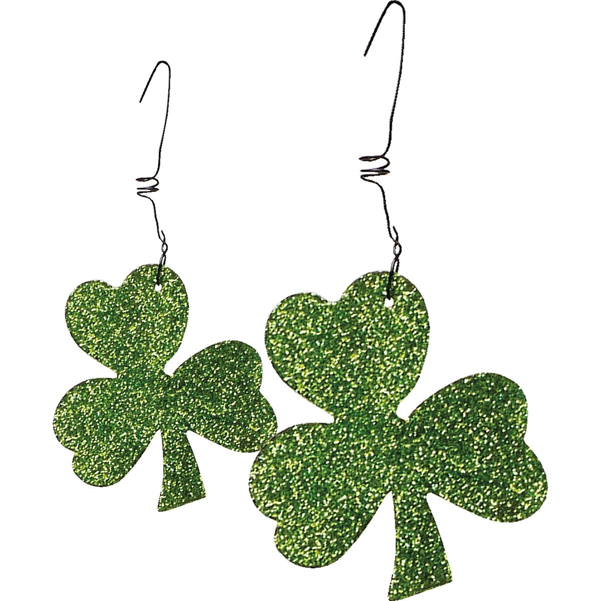 Set of metal shamrock ornaments with glitter finish in green wire.