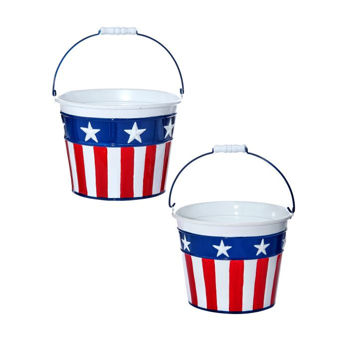 Distressed handle bucket with stars and stripes pattern in red, white, and blue