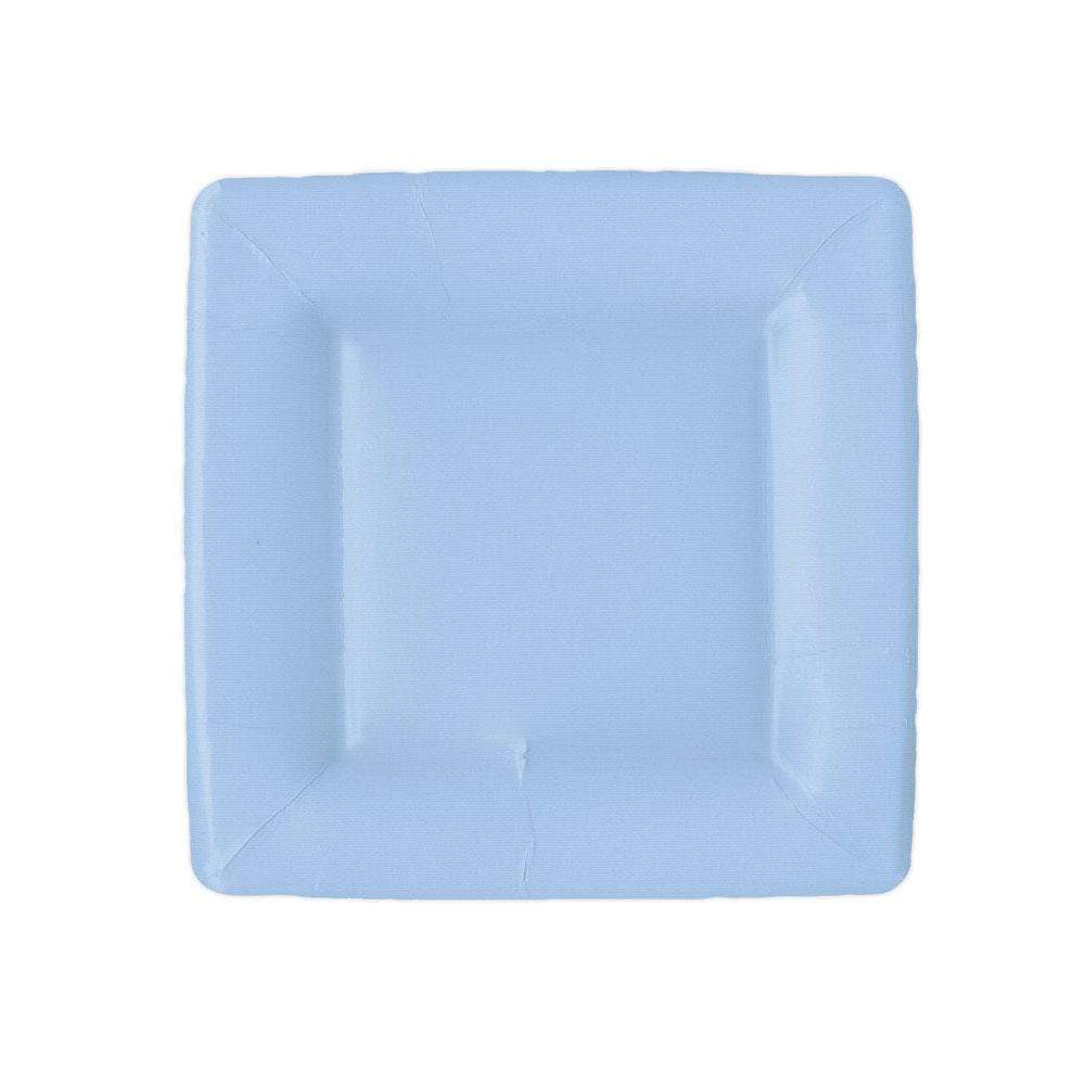 Light blue square paper salad or dessert plate with a subtle grosgrain texture.