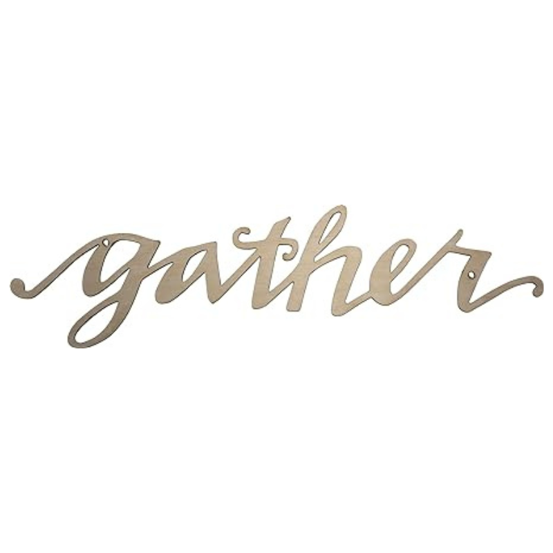 Silver metal script word 'gather' with holes for hanging.