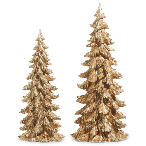 Two textured gold resin decorative evergreen trees in different sizes.