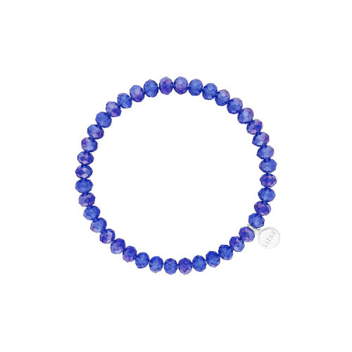 Stretchy bracelet with faceted glass beads in a colorful beaded pattern.