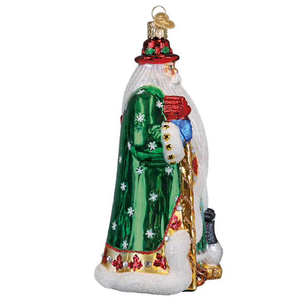 Canadian Santa ornament in red with a maple leaf accent on its hat.