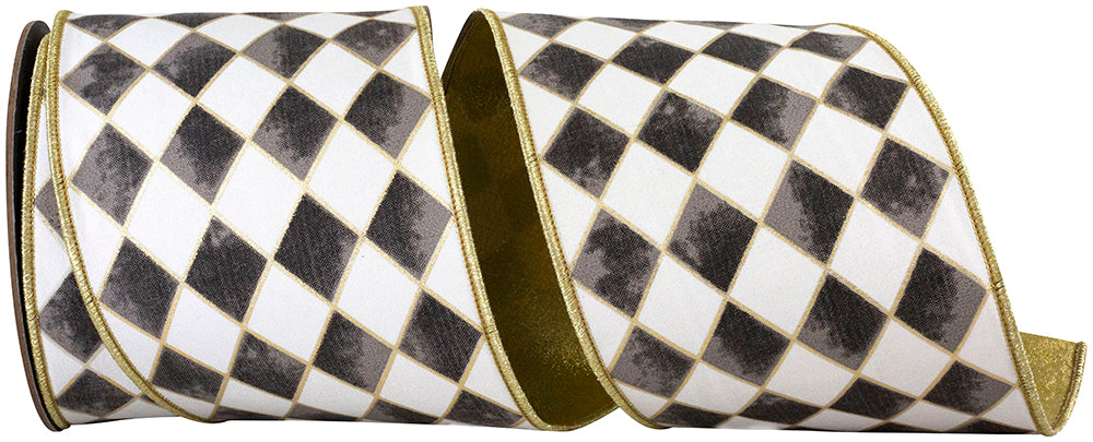 4 inch wired edge ribbon with a black and white harlequin diamond pattern and gold gilded outlines.
