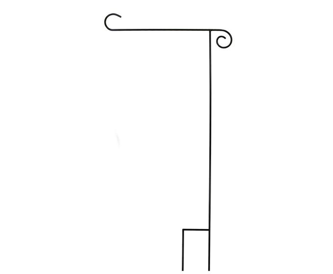 Black metal garden flag stand with a decorative scroll and two-pronged base for ground insertion.