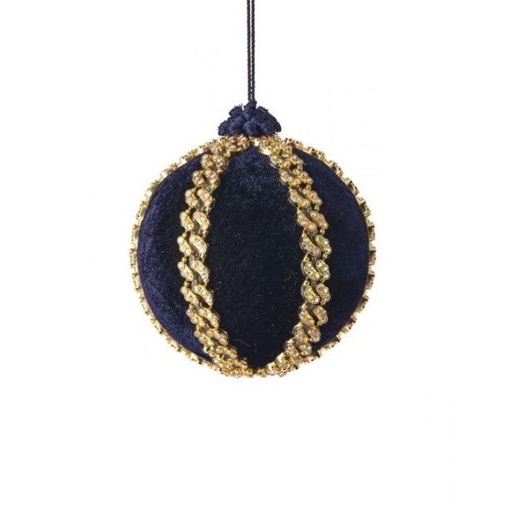 4-inch navy blue velvet ball ornament with gold jeweled trim and a hanging string.