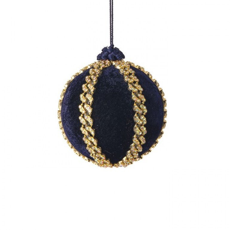 4-inch navy blue velvet ball ornament with gold jeweled trim and a hanging string.