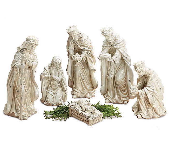 Seven-piece distressed white nativity set featuring Mary, Joseph, baby Jesus, and three wise men.