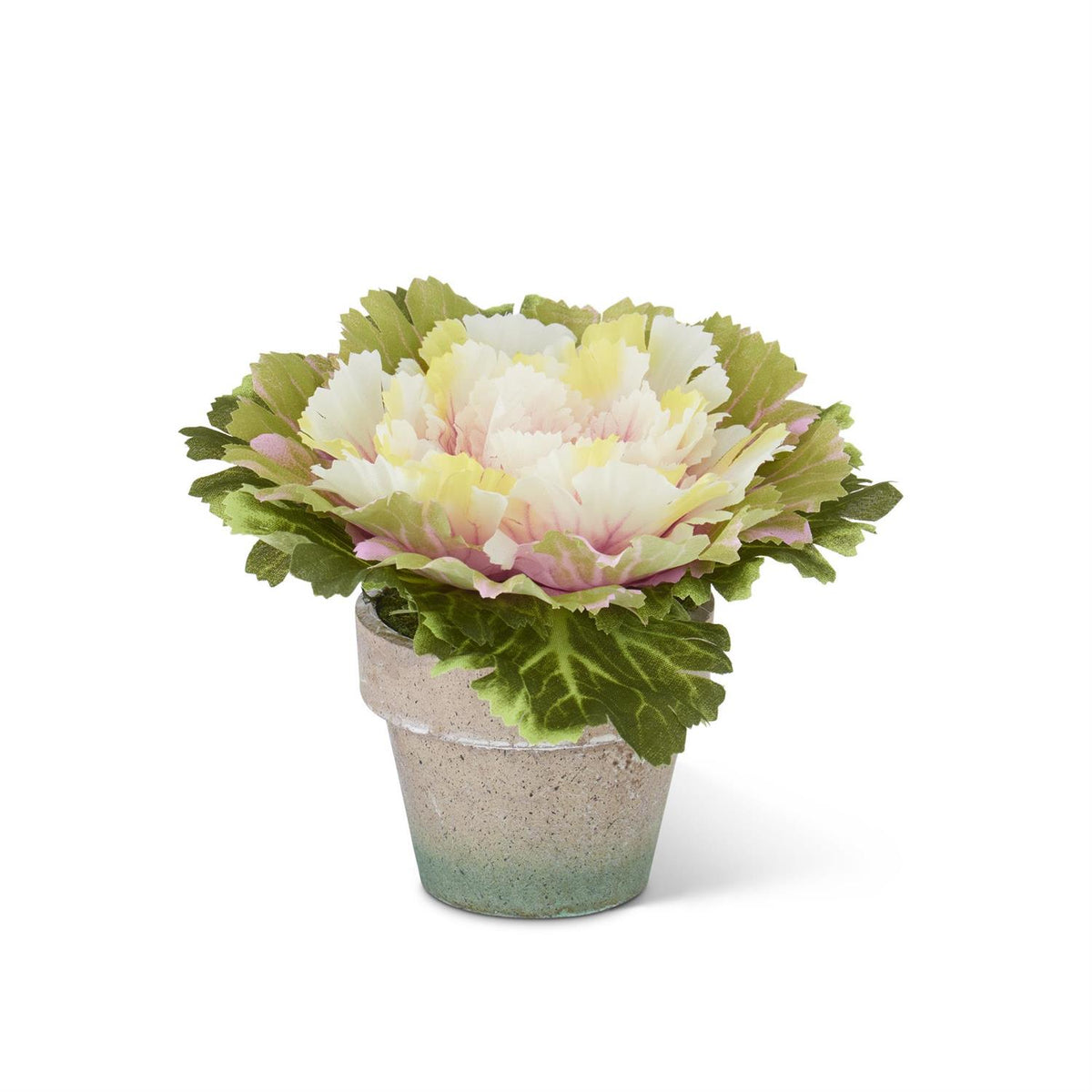 6-inch artificial cabbage in a brown paper pot with polyester leaves.