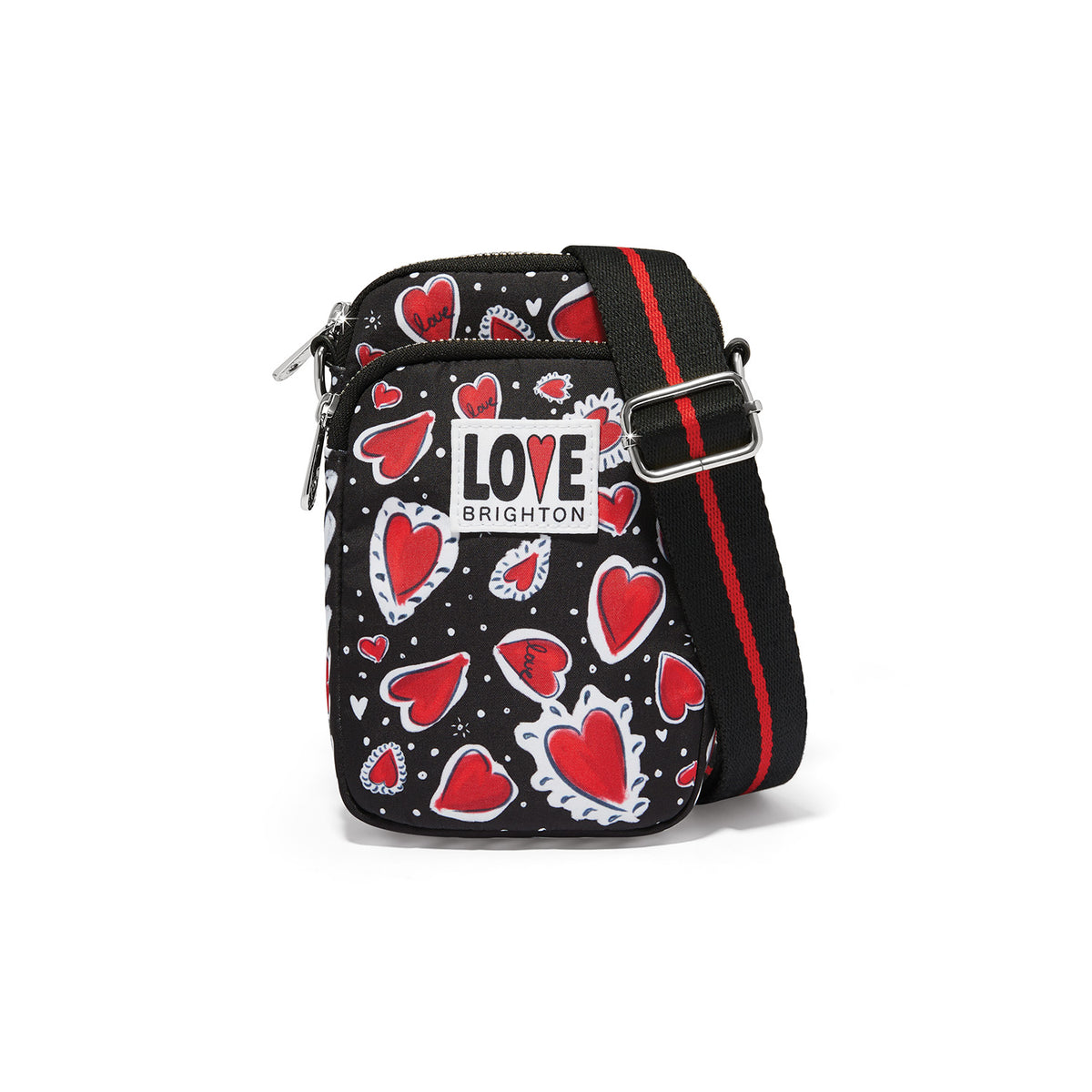 Black utility bag with red heart print, adjustable strap, and 'LOVE BRIGHTON' patch.