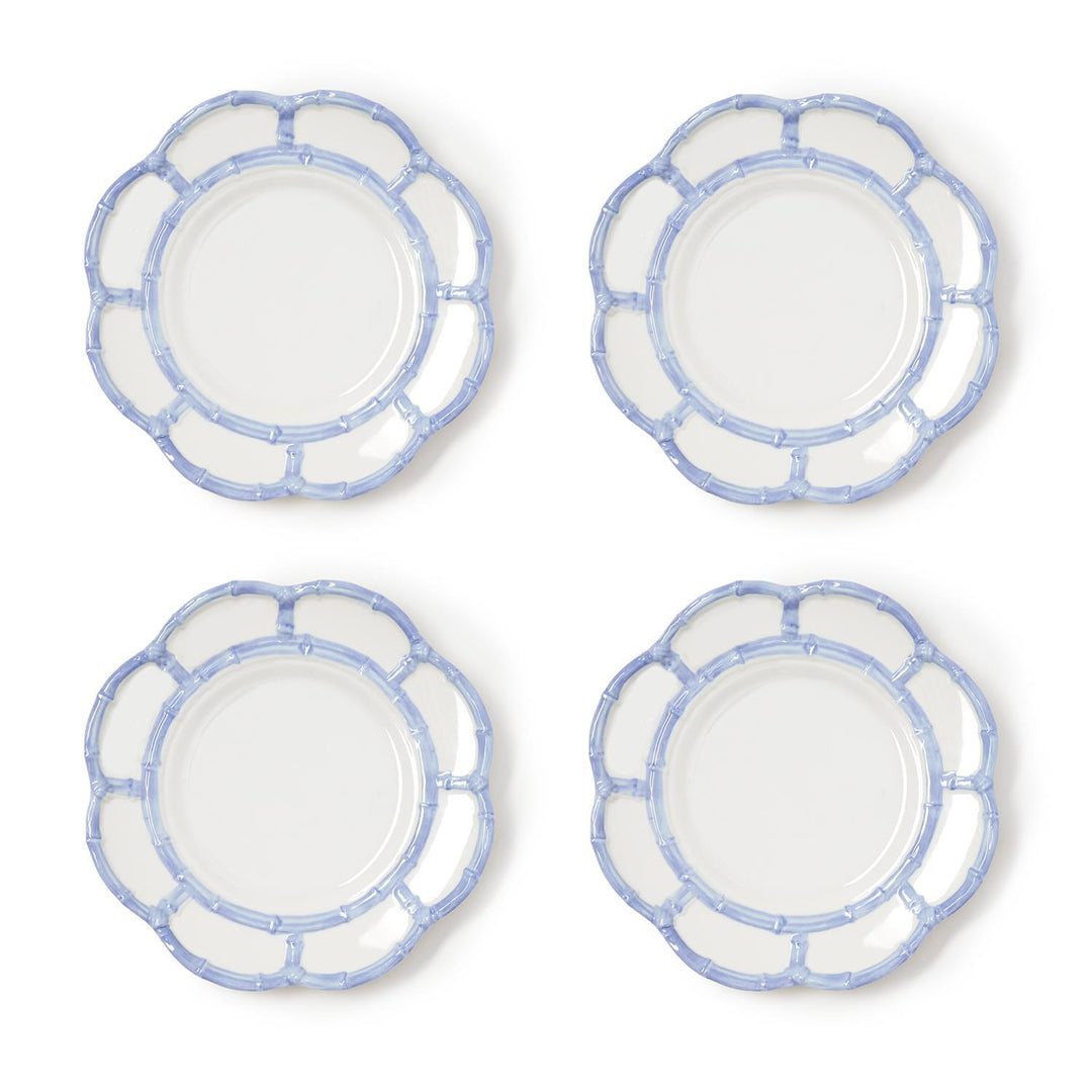 Set of four French blue melamine salad plates with a scalloped bamboo-style rim.