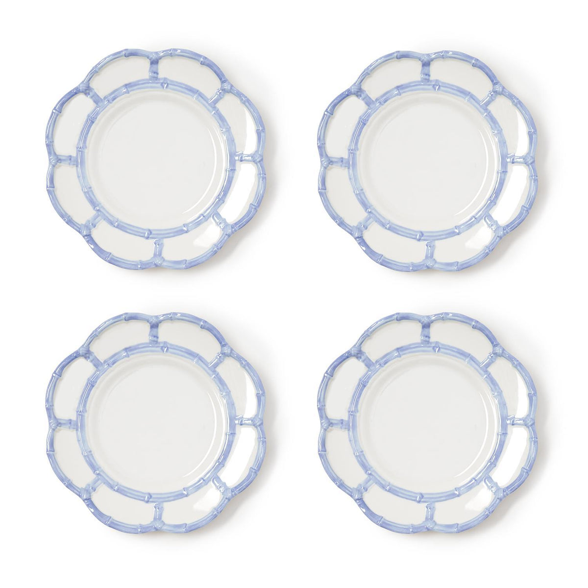 Set of four French blue melamine salad plates with a scalloped bamboo-style rim.