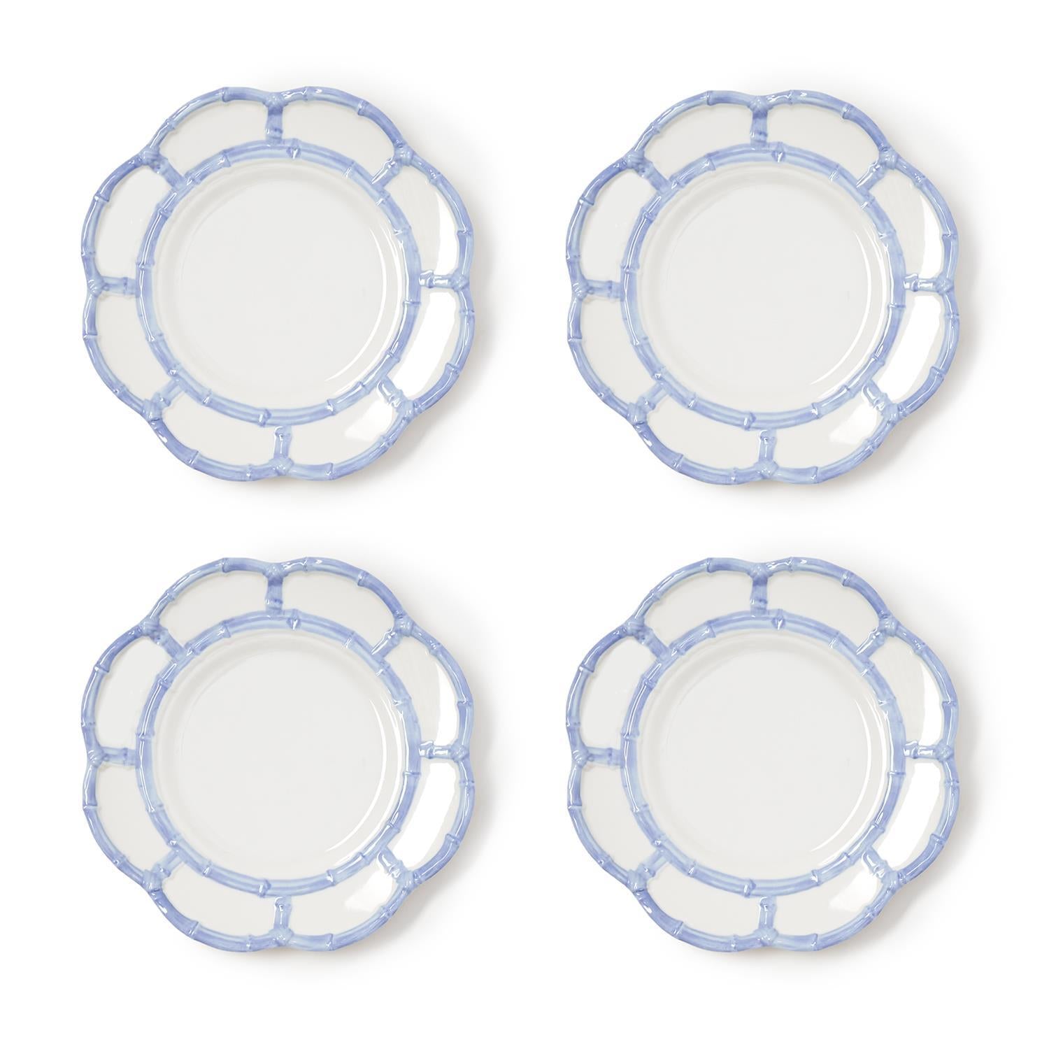 Set of four French blue melamine salad plates with a scalloped bamboo-style rim.