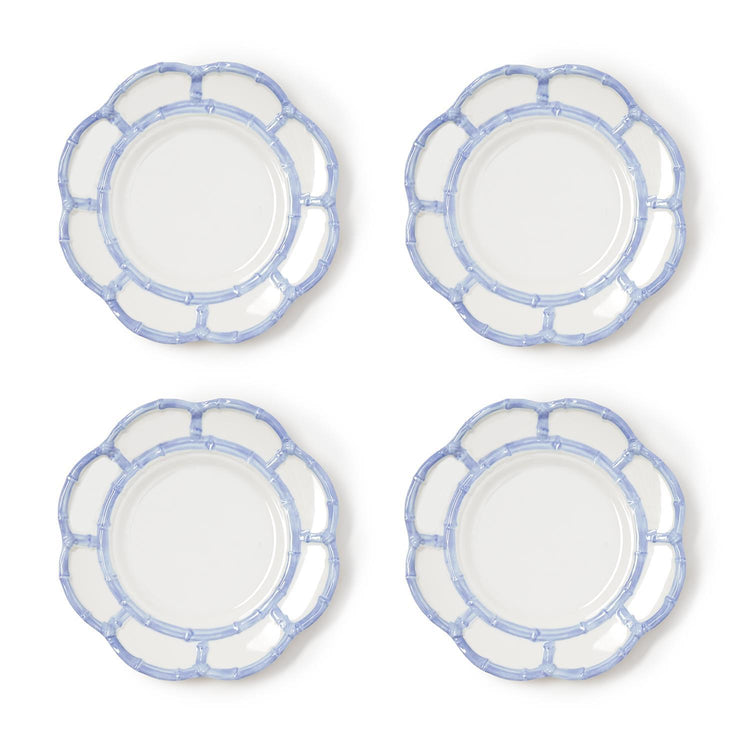 Set of four French blue melamine salad plates with a scalloped bamboo-style rim.