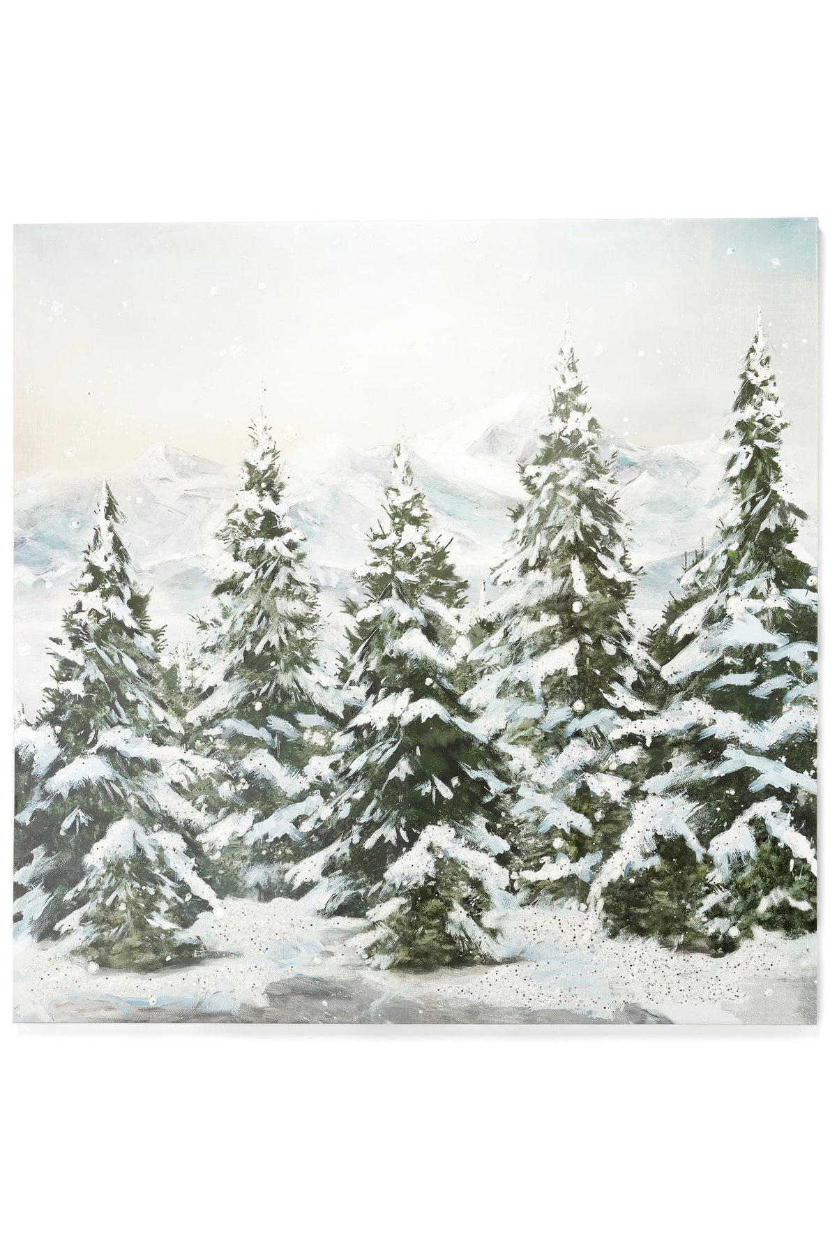 39x39 inch square canvas featuring a snowy forest scene with white trees against a light background.