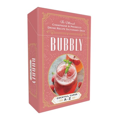 Bubbly Cocktail Cards A–Z book cover featuring a colorful grid of cocktail illustrations with bold typography.