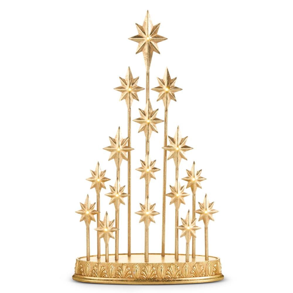 19.5-inch gold lighted star mantel decor featuring multiple tiered stars on a decorative base.