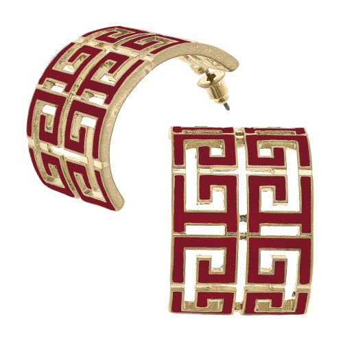 Brennan Game Day Greek Keys enamel hoop earrings in crimson and gold-tone metal.