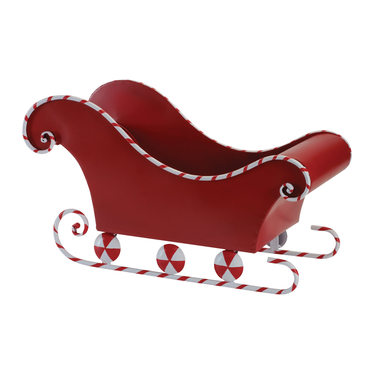 11.5-inch red iron sleigh with candy cane striped trim and runners.