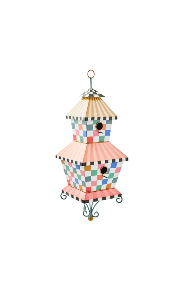 Dolce Vita Check Birdhouse with multi-colored checkered patterns and striped roofs.