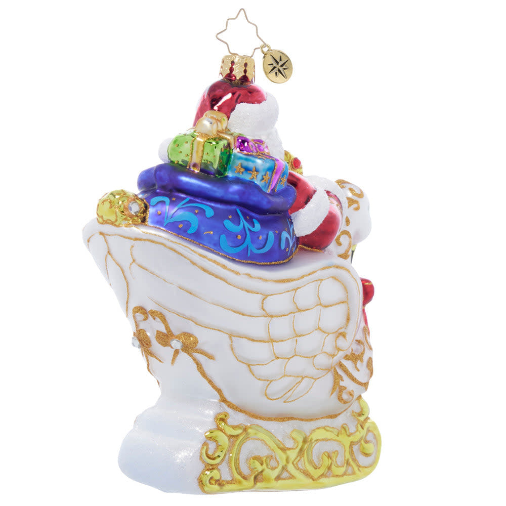 Swan Voyage decorative ornament shaped like a swan carrying Santa in red attire.