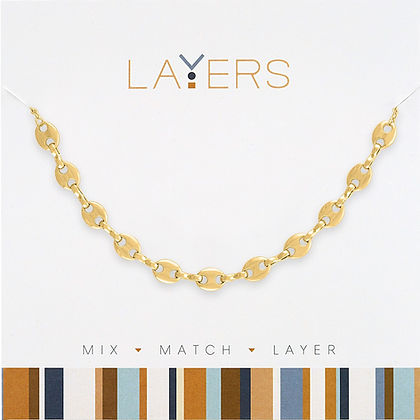 Gold Mariner Link Chain Layers Necklace on a white display card.