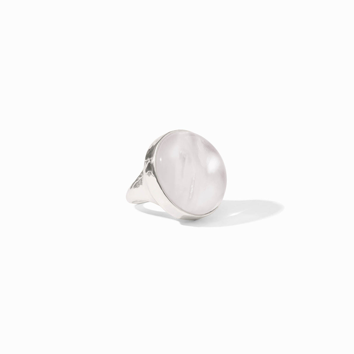 Solara Statement Silver Ring featuring a large, round, translucent white glass stone.