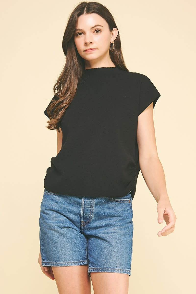 Black mock neck cap sleeve sweater vest with side shirring detail
