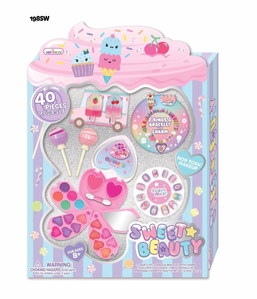 Sweet Beauty Sweets set with colorful lip glosses, eyeshadows, hair clips, rings, bracelets, press-on nails, and a cosmetic palette.