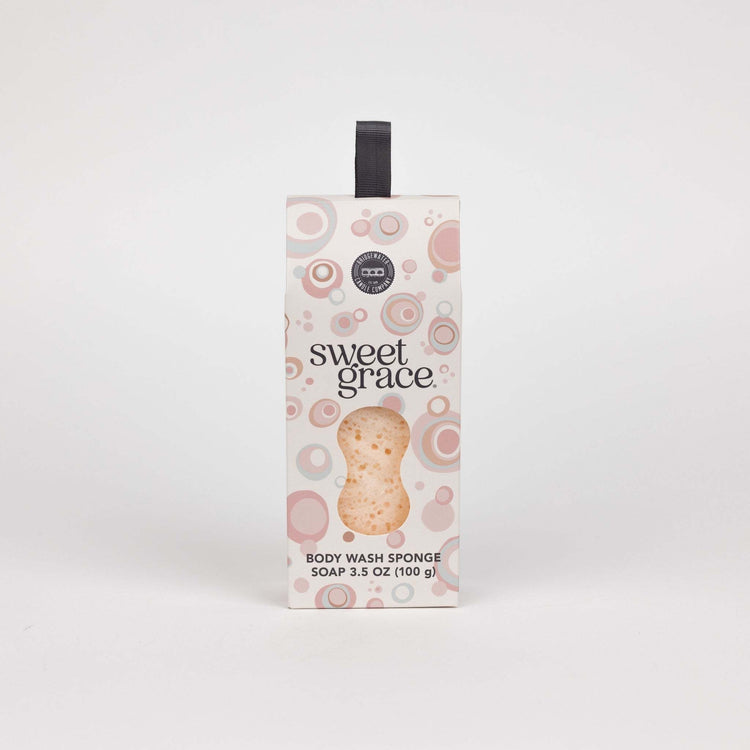 Sweet Grace body wash sponge with rich creamy lather texture in warm neutral tones