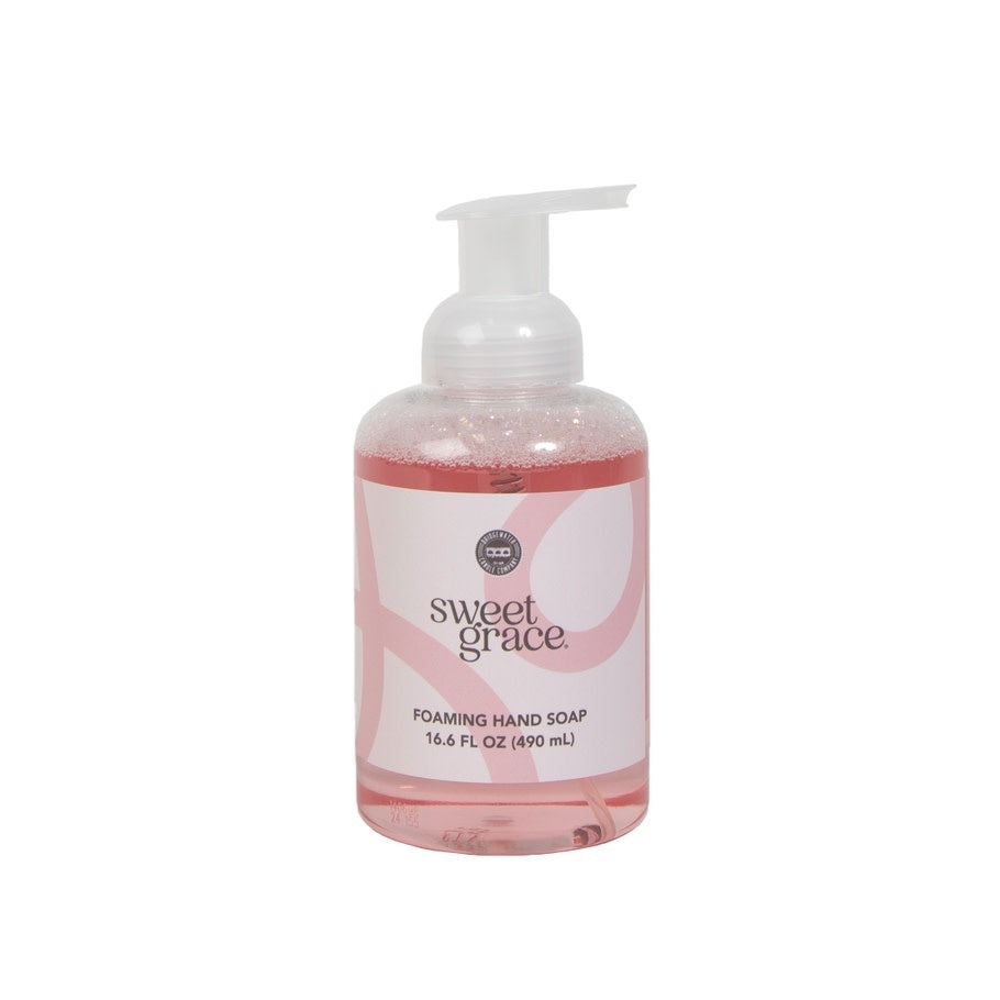 Foaming hand soap pump bottle with Sweet Grace fragrance featuring passion fruit, tea, and patchouli notes.