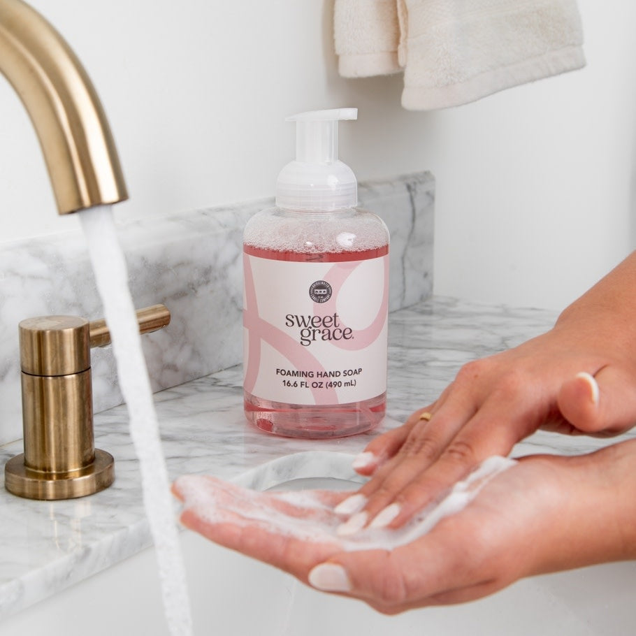 Pump bottle foaming hand soap in Sweet Grace fragrance with aloe.