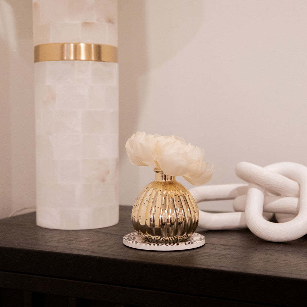 Sweet Grace Holiday Flower Diffuser with gold mercury finish vase holding a dried flower stem.