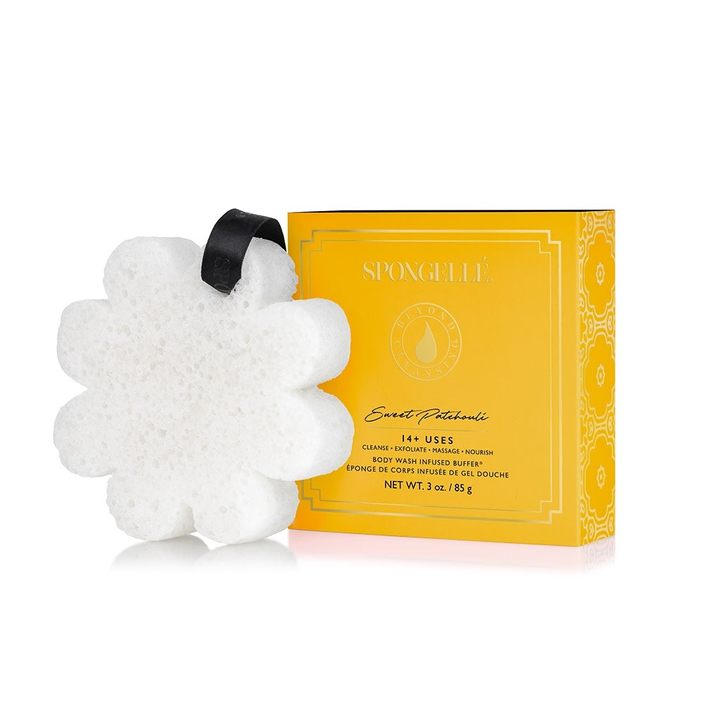 Boxed Flower bath sponge with chic hanging ribbon in sweet patchouli scent