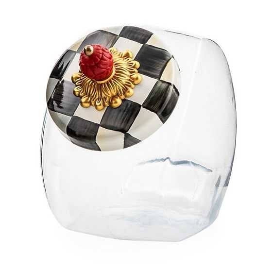 Glass sweets jar with hand-glazed steel Courtly Check enamel lid featuring brass accents.