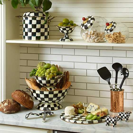Glass sweets jar with hand-glazed steel Courtly Check enamel lid featuring brass accents.