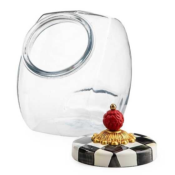 Glass sweets jar with hand-glazed steel Courtly Check enamel lid featuring brass accents