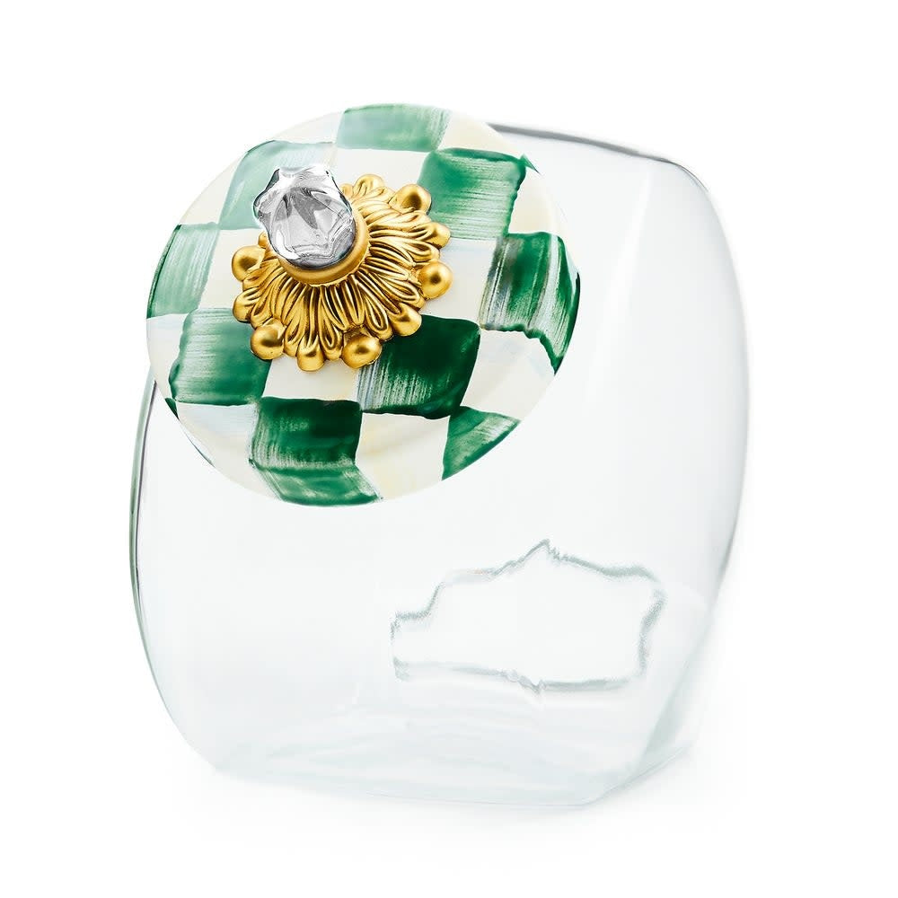 Glass sweets jar with hand-painted emerald check lid featuring a clear glass knob.