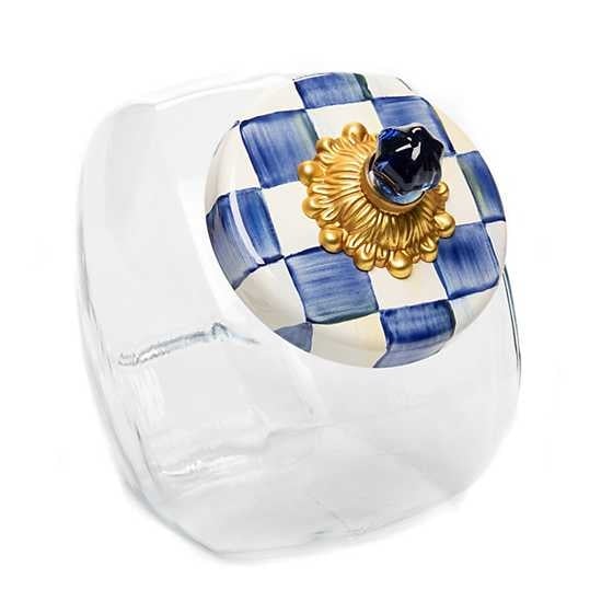 Glass sweet jar with Royal Check enamel lid featuring hand-painted pattern, brass bobeche, and glass finial.