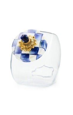 Glass sweet jar with Royal Check enamel lid featuring brass bobeche