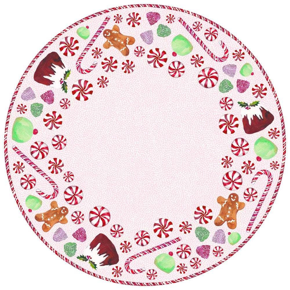 Round paper placemat with sweet-themed artwork in pastel colors.