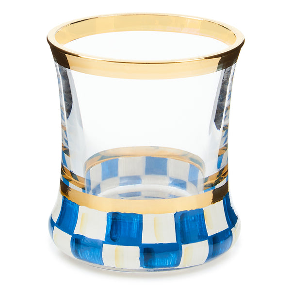 Hand-blown check shot glass with gold lustre trim on a black base