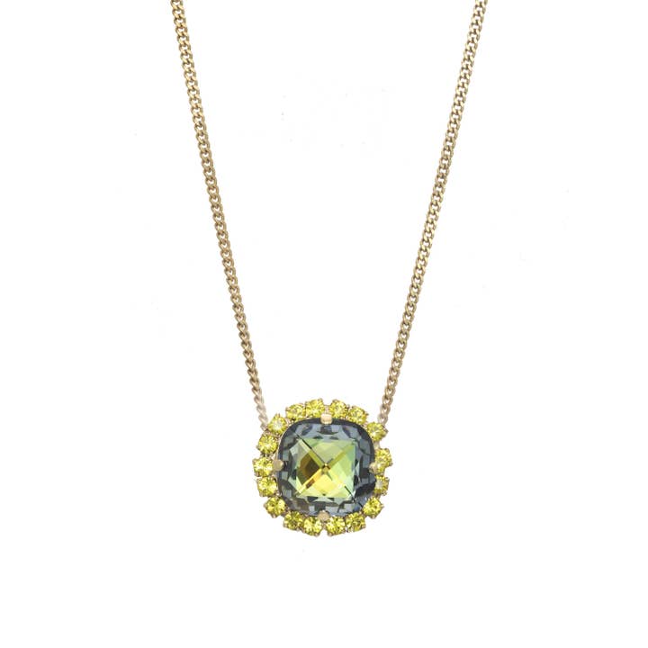 Antique gold-plated brass Cambrie necklace with high-quality crystals on a 16-inch chain.
