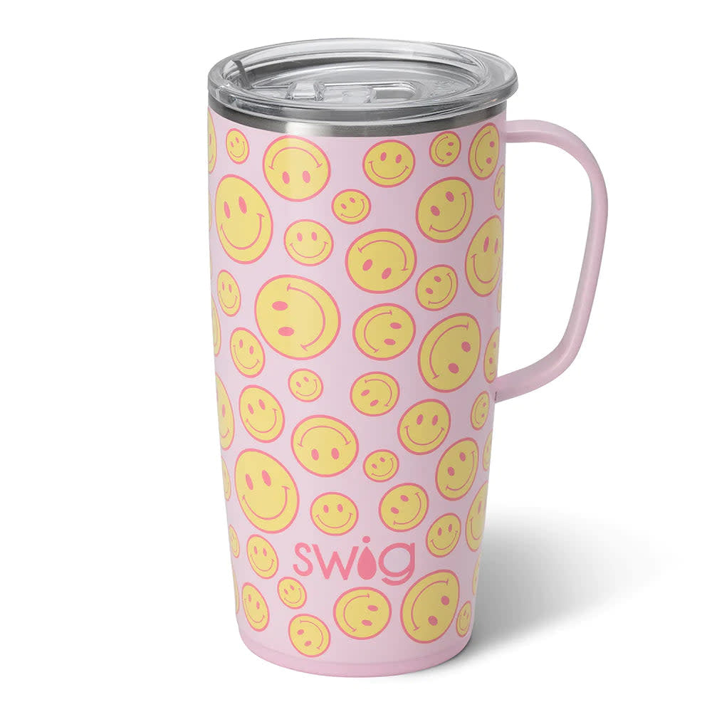 Silver stainless steel travel mug with a slim metal handle and large lid.