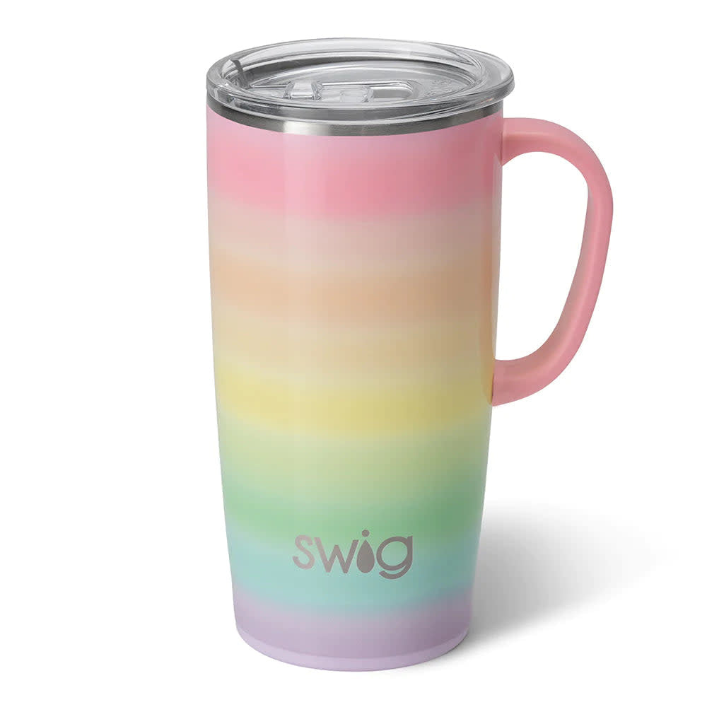 Silver stainless steel travel mug with black silicone base and lid slider